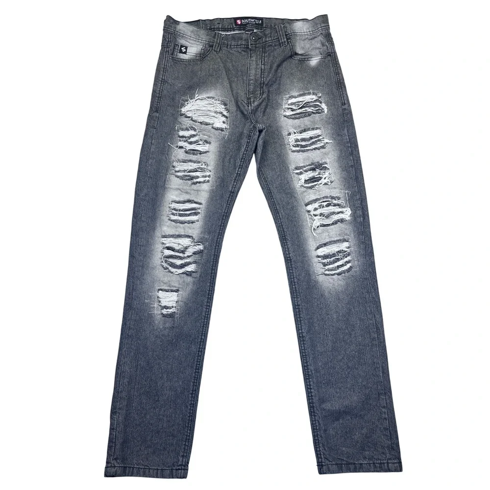 Southpole Distressed Denim Jeans Men's Sz 34 Black Gray Ripped Grunge Western